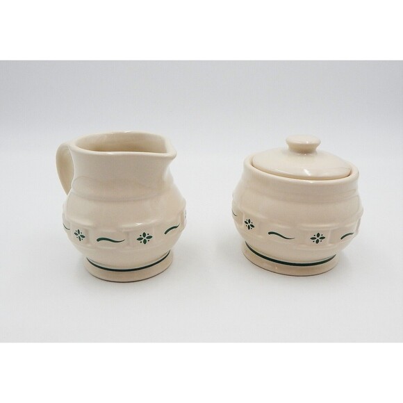Longaberger Pottery Woven Traditions Heritage Green Sugar & Creamer Set - Picture 1 of 8